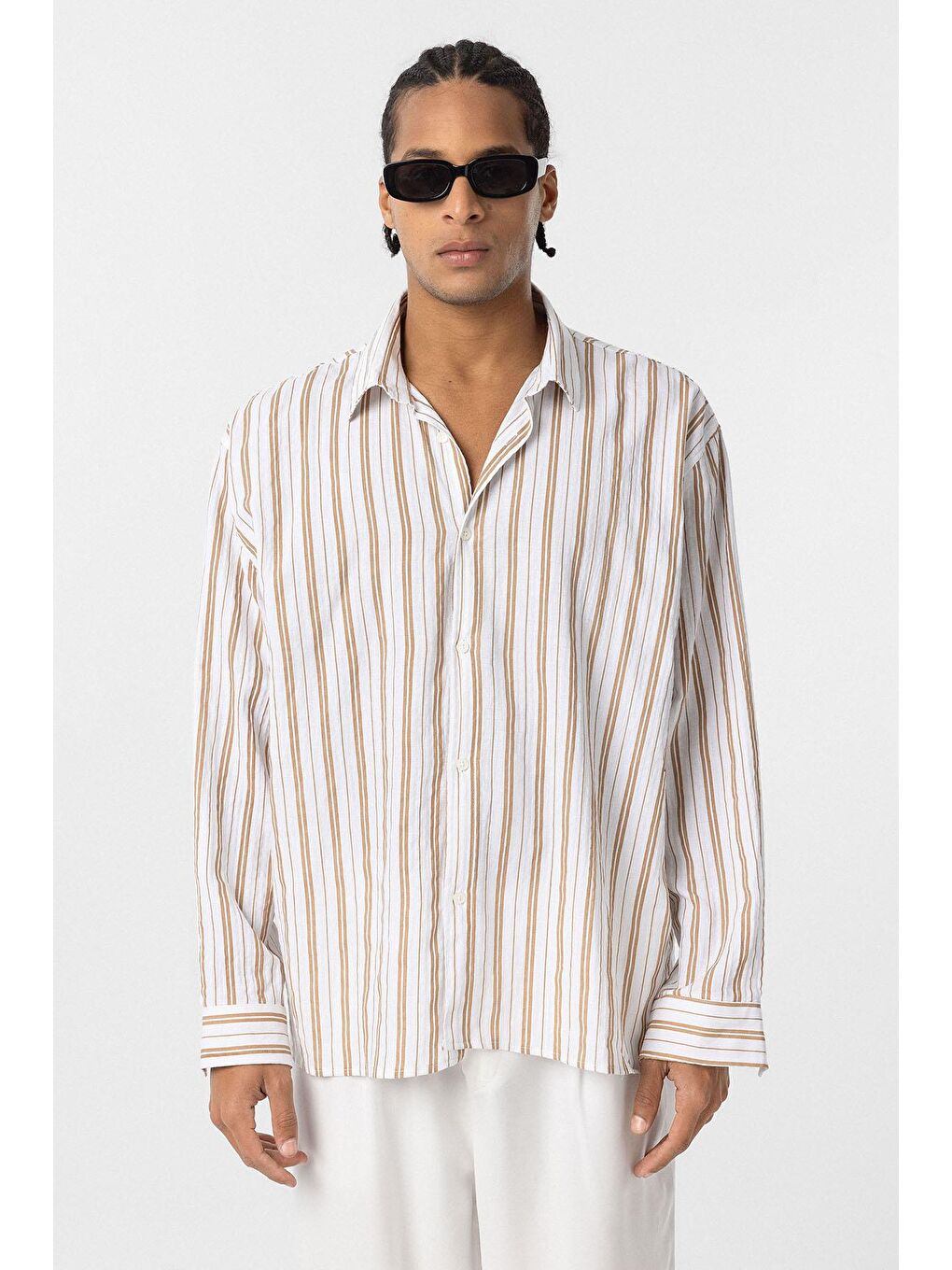 Çizgili Uzun Kollu Oversize Keten Gömlek Bej-2