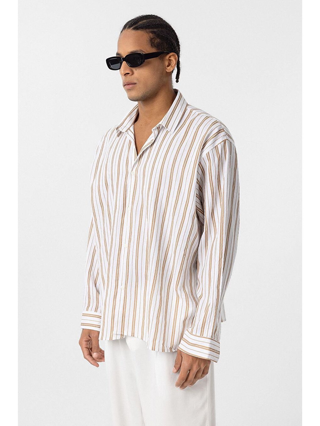 Çizgili Uzun Kollu Oversize Keten Gömlek Bej-3