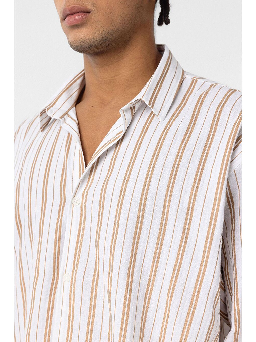 Çizgili Uzun Kollu Oversize Keten Gömlek Bej-4