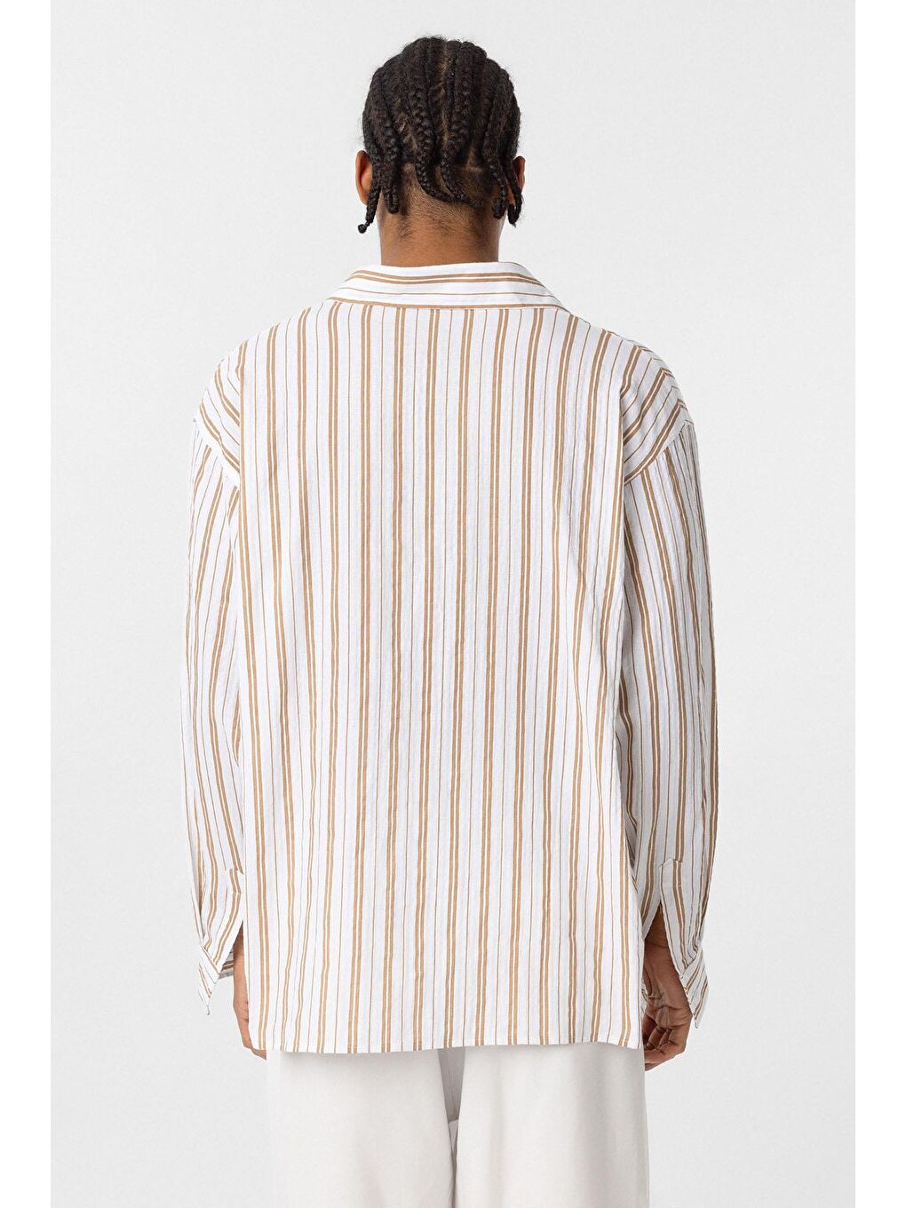 Çizgili Uzun Kollu Oversize Keten Gömlek Bej-5