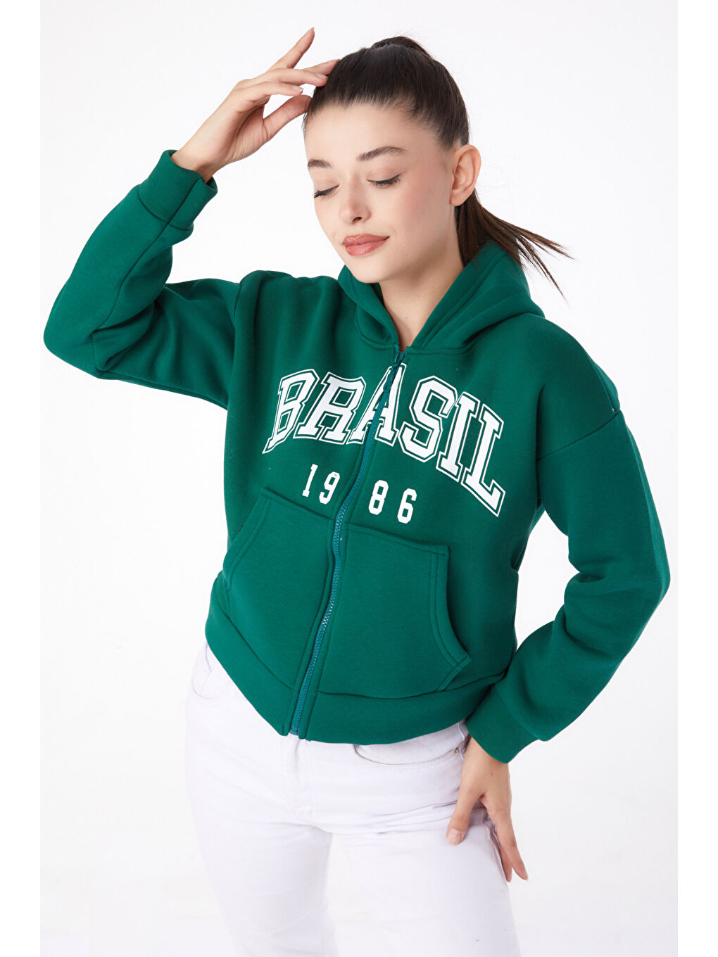 TOFİSA Düz Kapüşonlu Yaka Kadın Yeşil Fermuarlı Crop Sweatshirt   26278