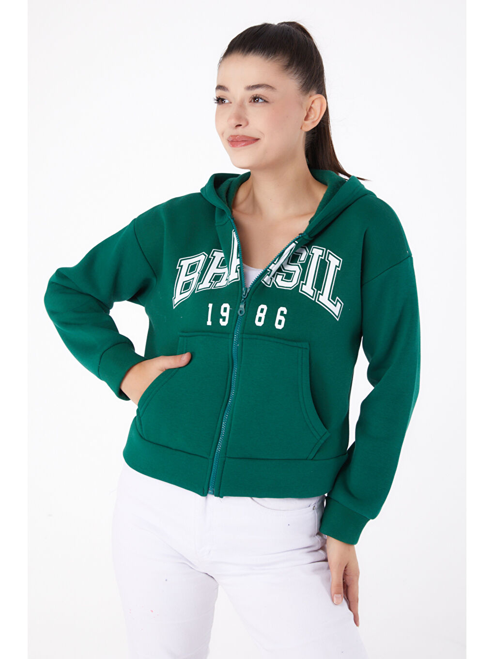 TOFİSA Düz Kapüşonlu Yaka Kadın Yeşil Fermuarlı Crop Sweatshirt   26278 - 1