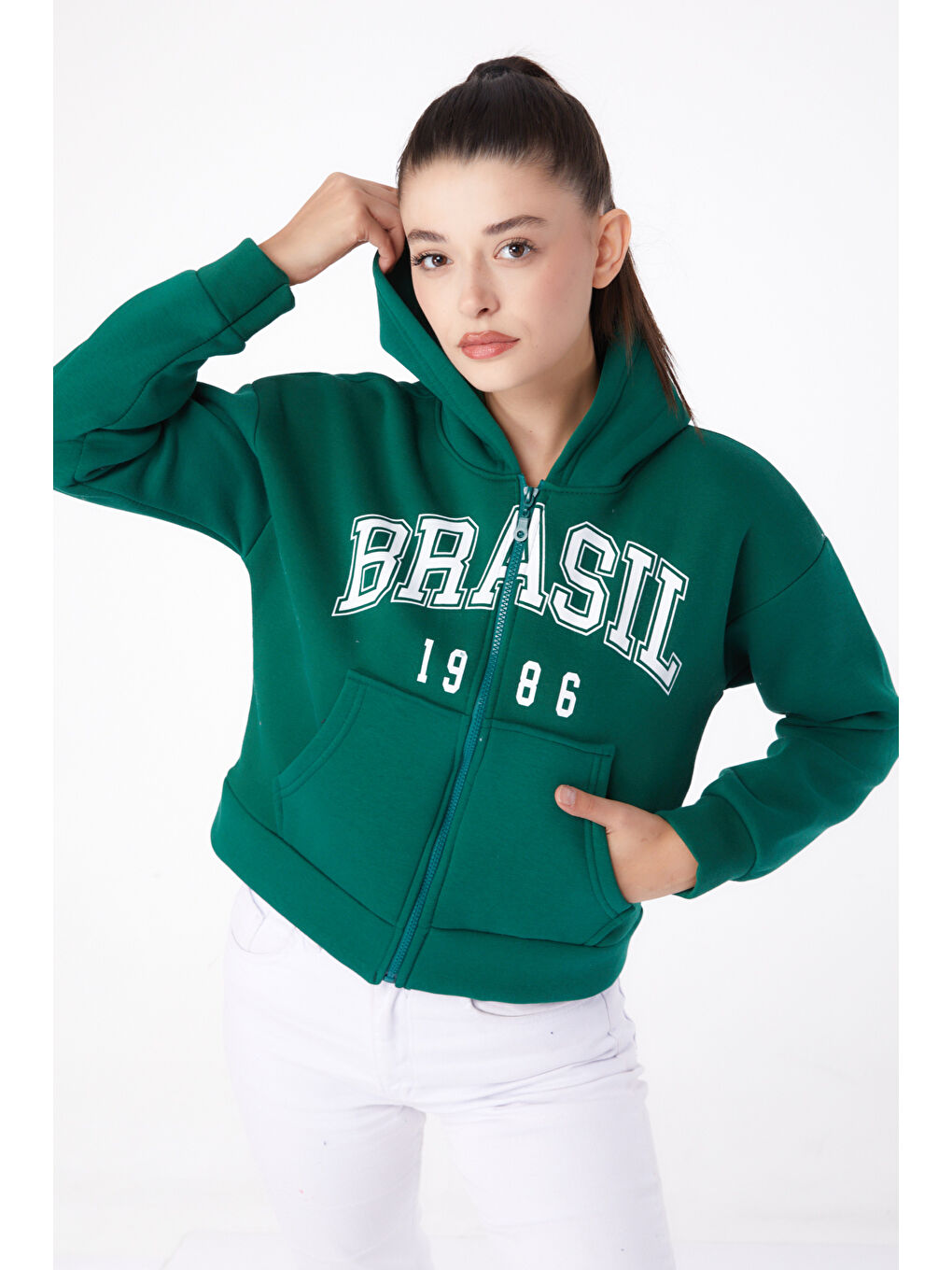 TOFİSA Düz Kapüşonlu Yaka Kadın Yeşil Fermuarlı Crop Sweatshirt   26278 - 2