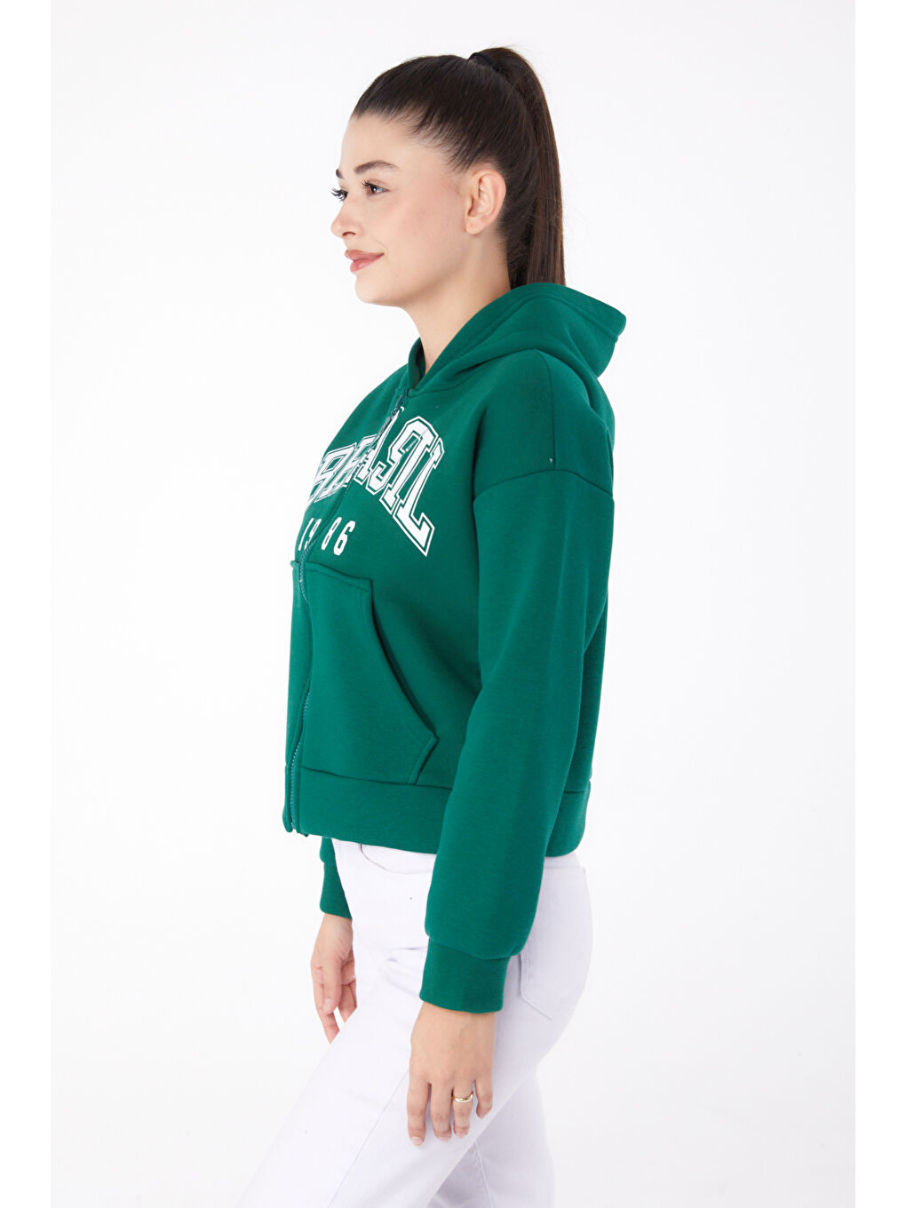 TOFİSA Düz Kapüşonlu Yaka Kadın Yeşil Fermuarlı Crop Sweatshirt   26278 - 3