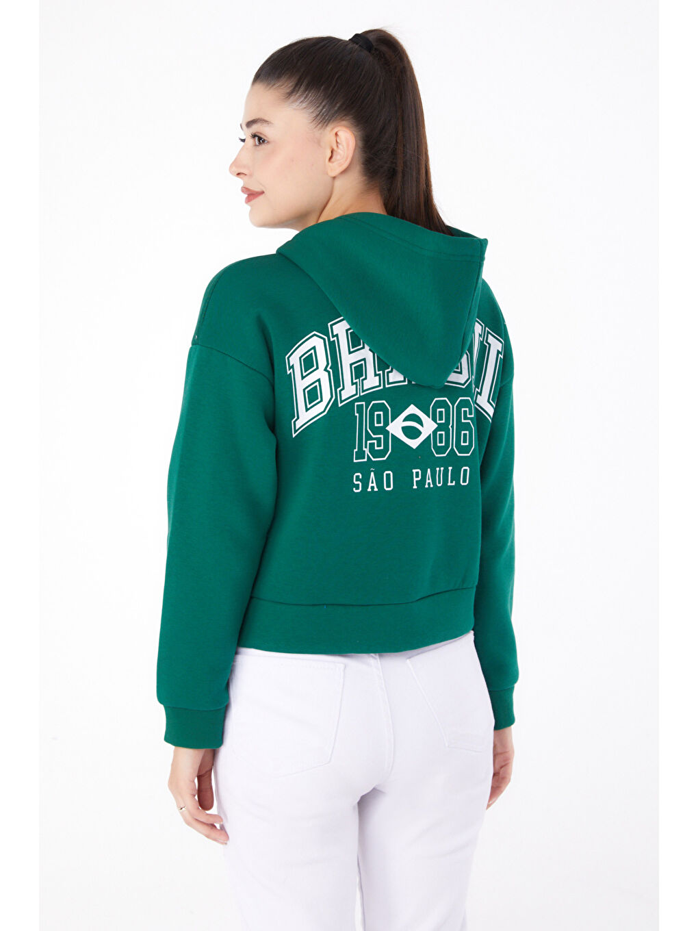 TOFİSA Düz Kapüşonlu Yaka Kadın Yeşil Fermuarlı Crop Sweatshirt   26278 - 4