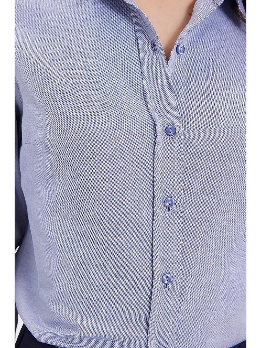 Kadın Slim Fit Dar Kesim Uzun Kollu Pamuklu Vücuda Oturan Dokulu Açık Lacivert Basic Gömlek-2