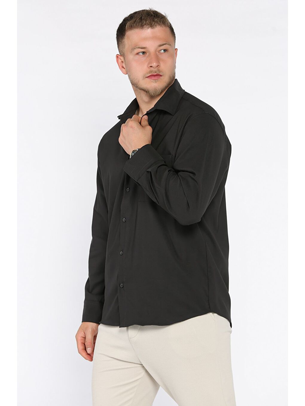 Antrasit Erkek Tek Cepli Uzun Kol Elastanlı Oversize Gömlek