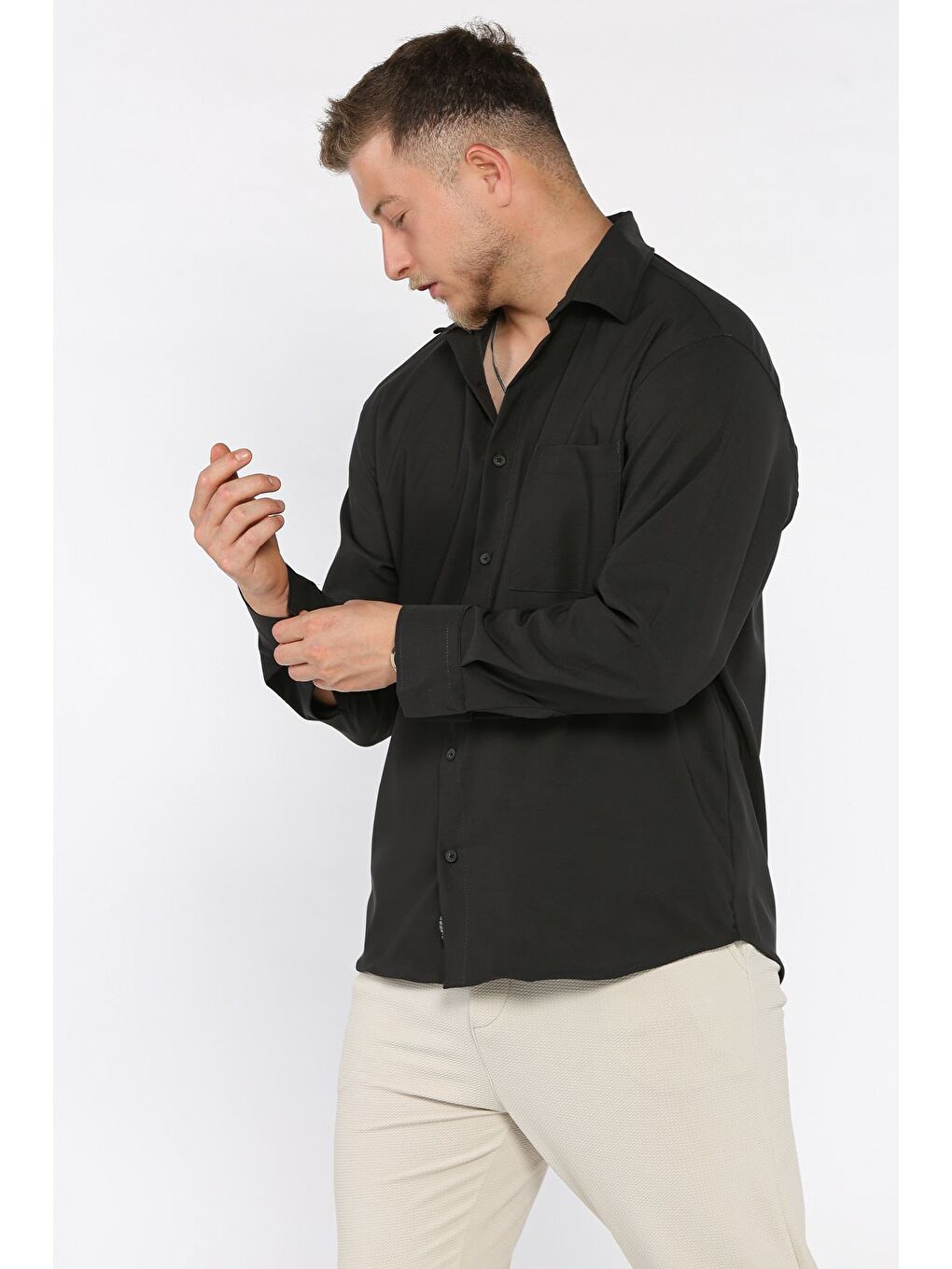 Antrasit Erkek Tek Cepli Uzun Kol Elastanlı Oversize Gömlek-1