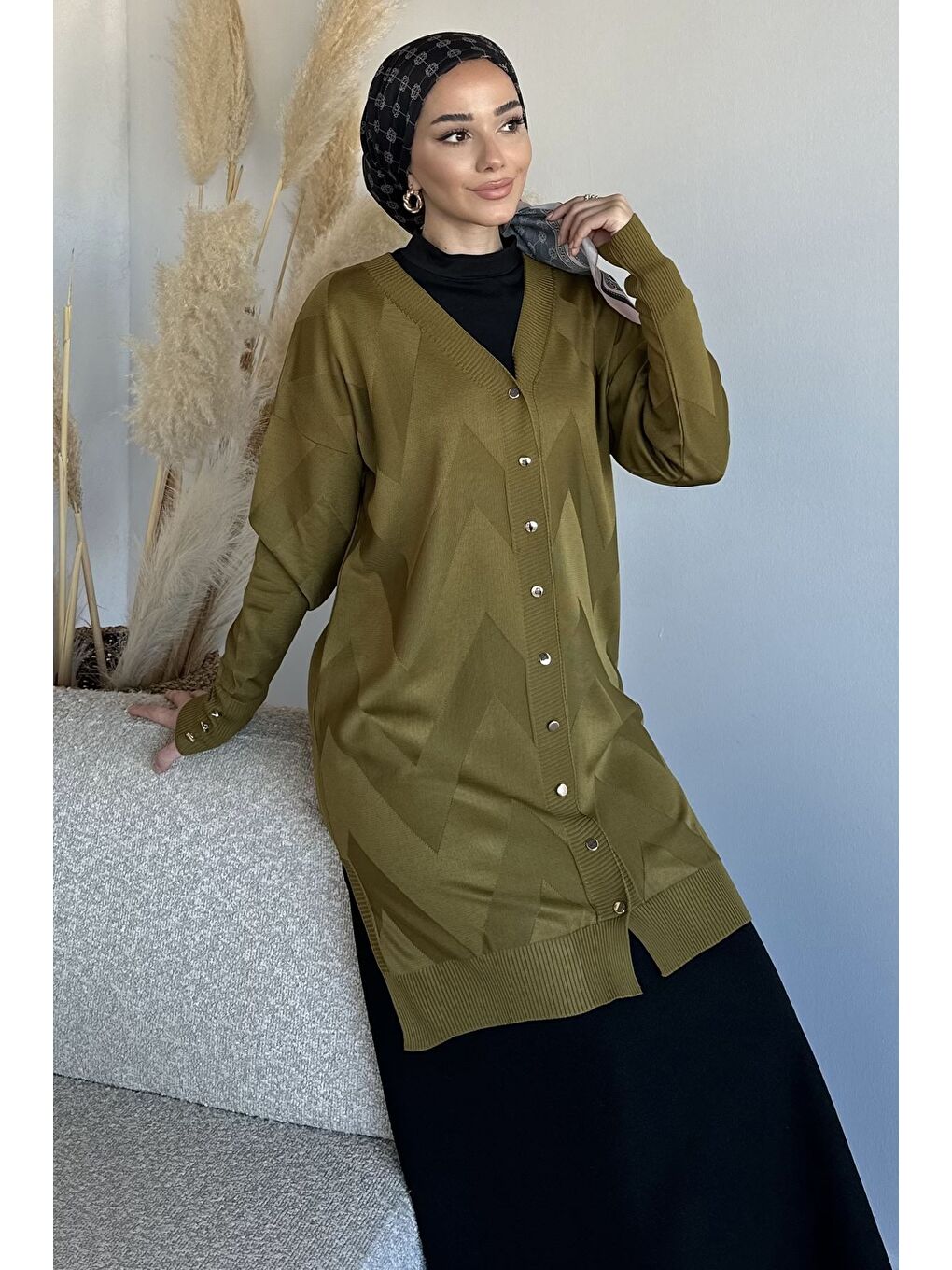 Yeşil Ön Düğmeli Desenli Tesettür Triko Hırka (m-l-xl Uyumludur)-3