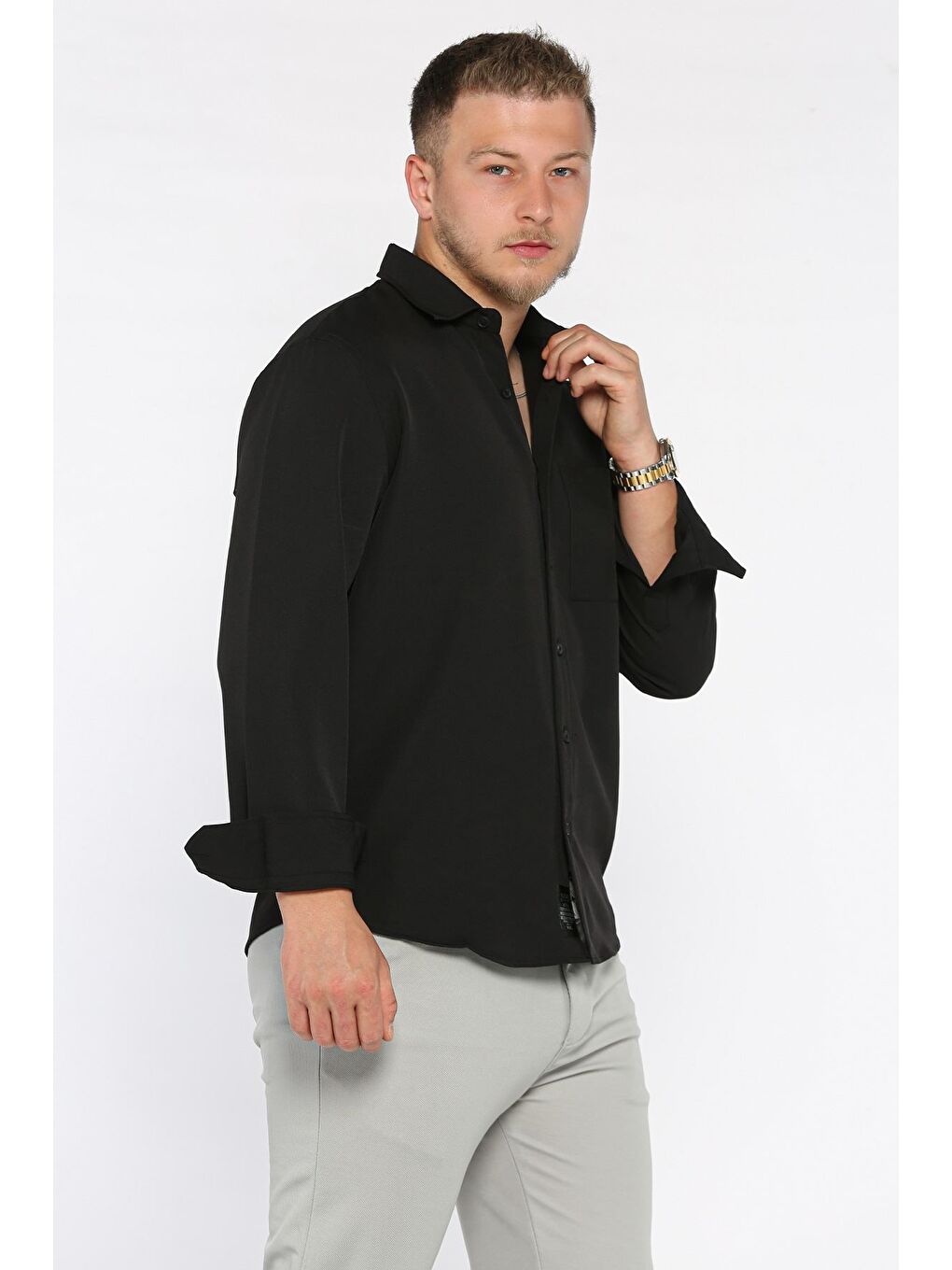 Siyah Erkek Tek Cepli Uzun Kol Elastanlı Oversize Gömlek-1