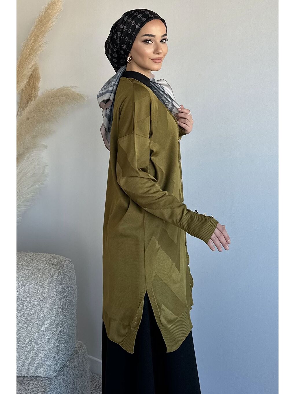 Yeşil Ön Düğmeli Desenli Tesettür Triko Hırka (m-l-xl Uyumludur)-4