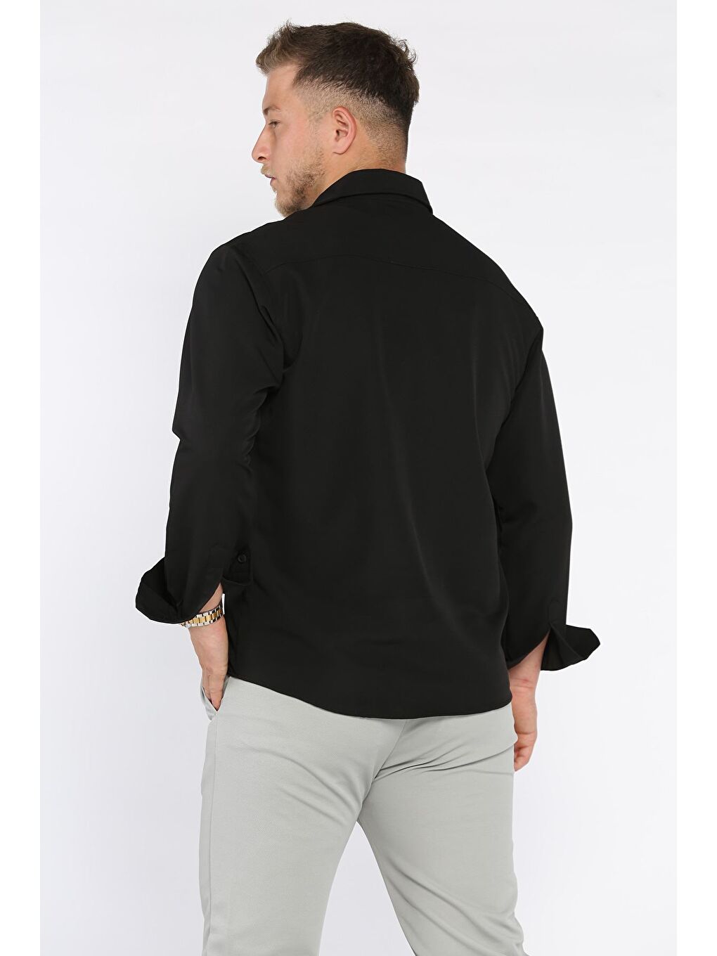 Siyah Erkek Tek Cepli Uzun Kol Elastanlı Oversize Gömlek-2