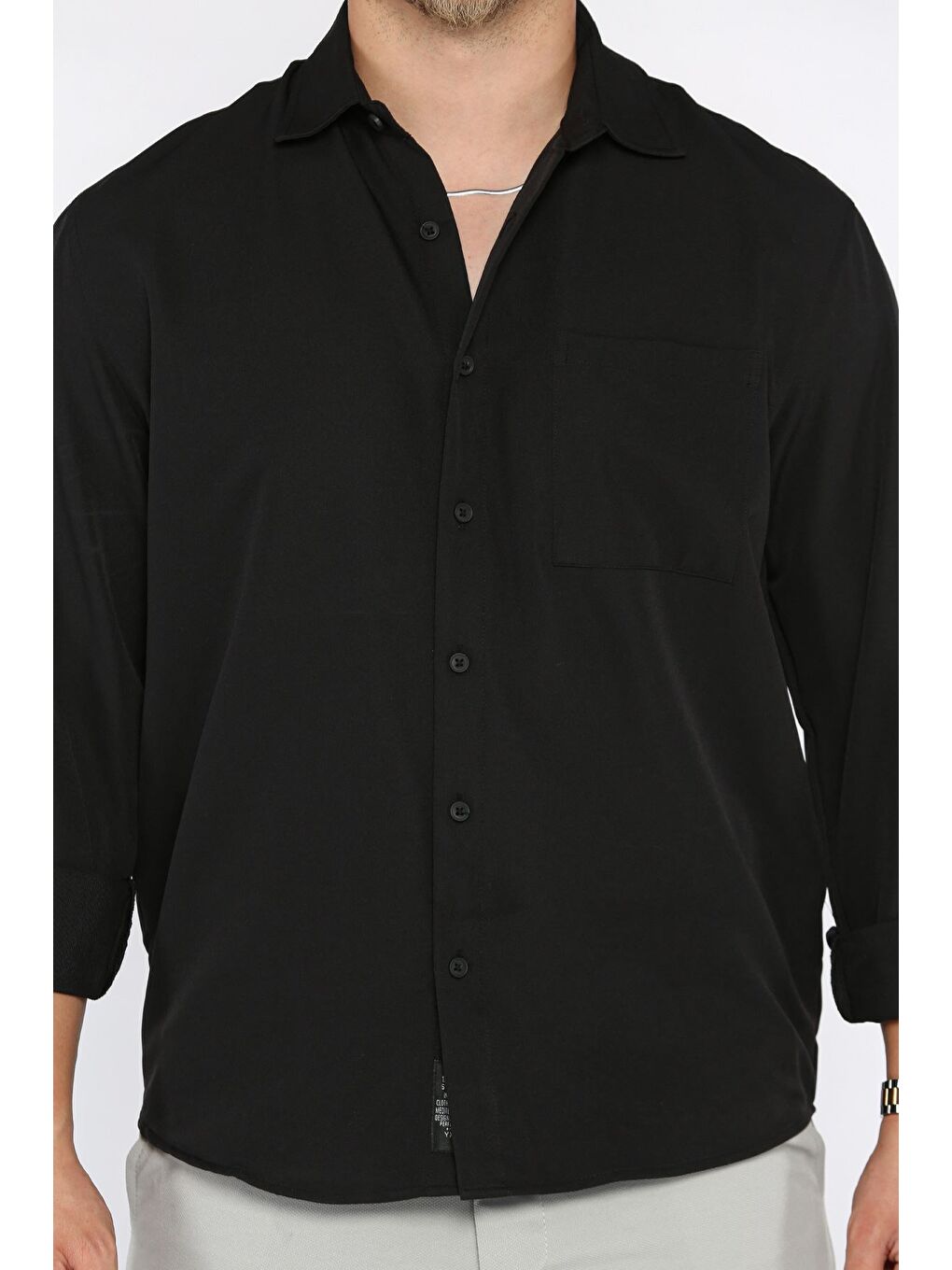 Siyah Erkek Tek Cepli Uzun Kol Elastanlı Oversize Gömlek-3