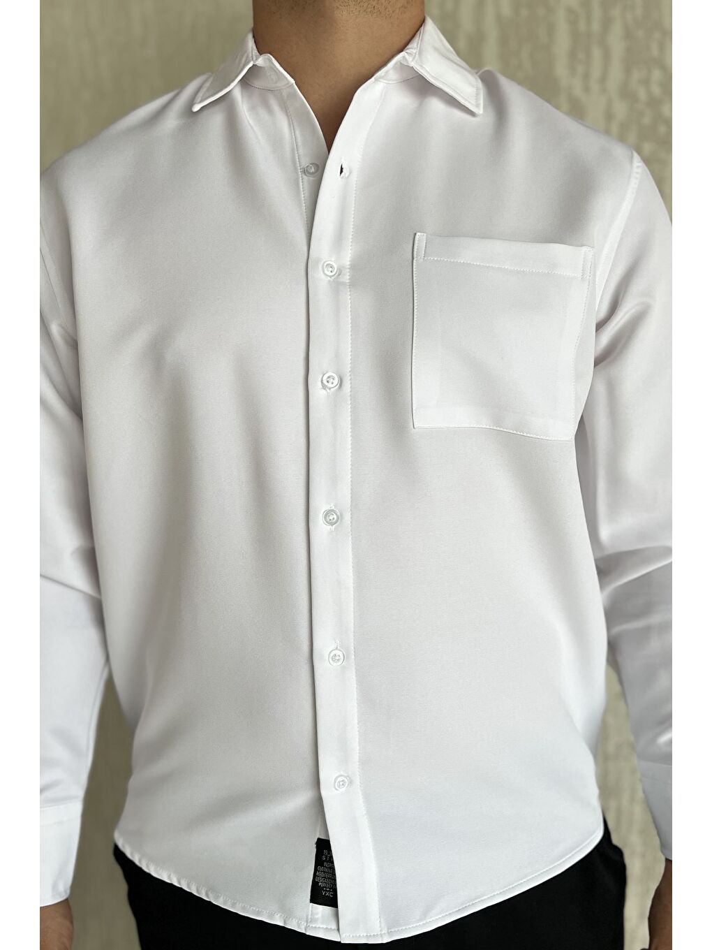 Beyaz Erkek Tek Cepli Uzun Kol Elastanlı Oversize Gömlek-3