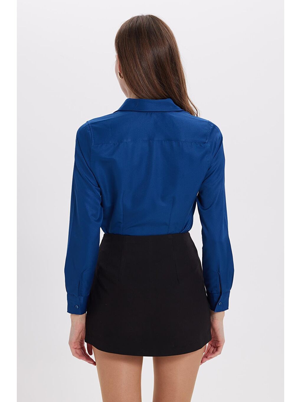 Kadın Slim Fit Dar Kesim Vücuda Oturan Uzun Kollu Lacivert Basic Gömlek-6