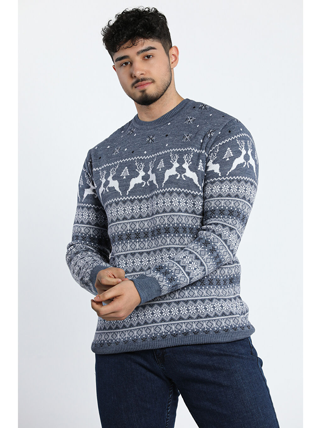 İndigo Erkek Bisiklet Yaka Geyik Desenli Sevgili Çift Kombini Triko Kazak( Tekli Ürün )-1