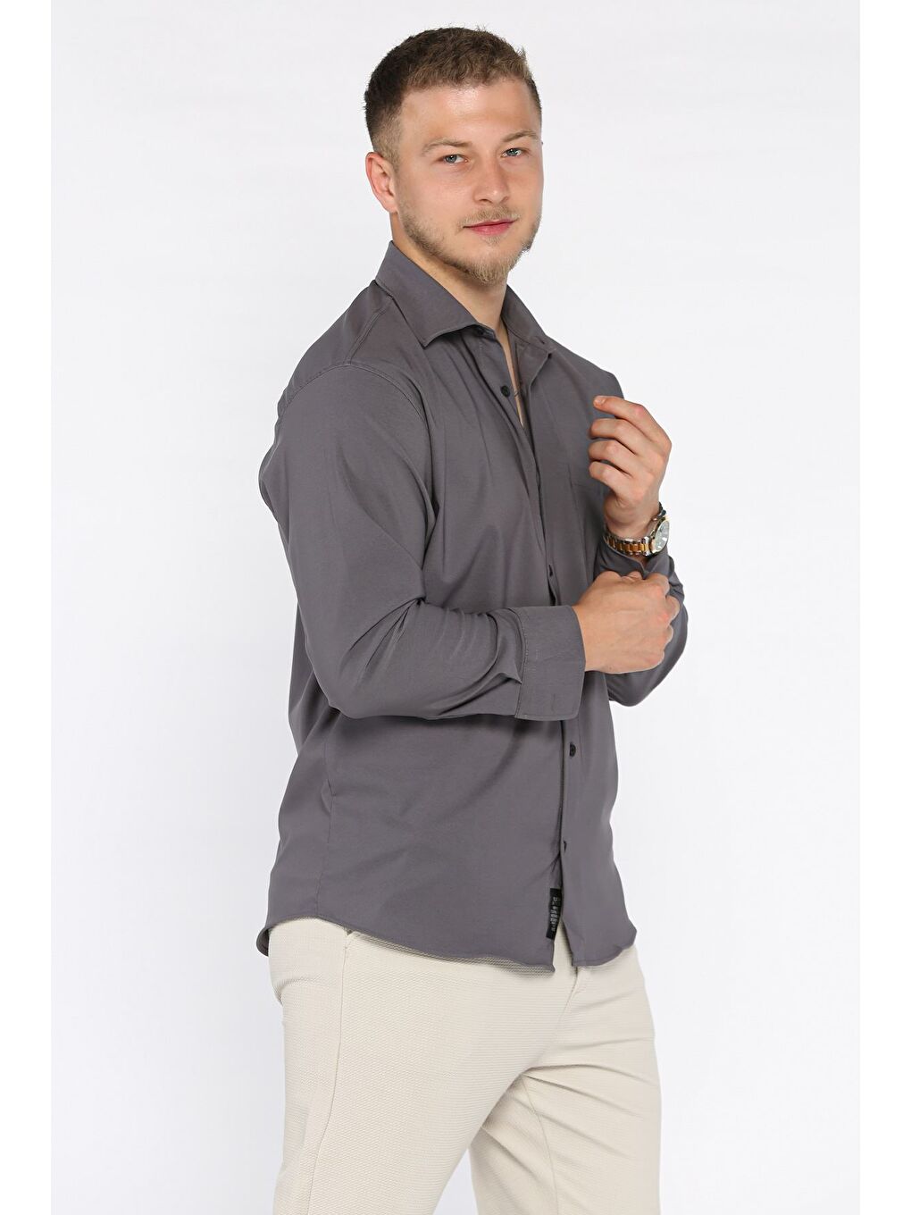 Gri Erkek Tek Cepli Uzun Kol Elastanlı Oversize Gömlek-1