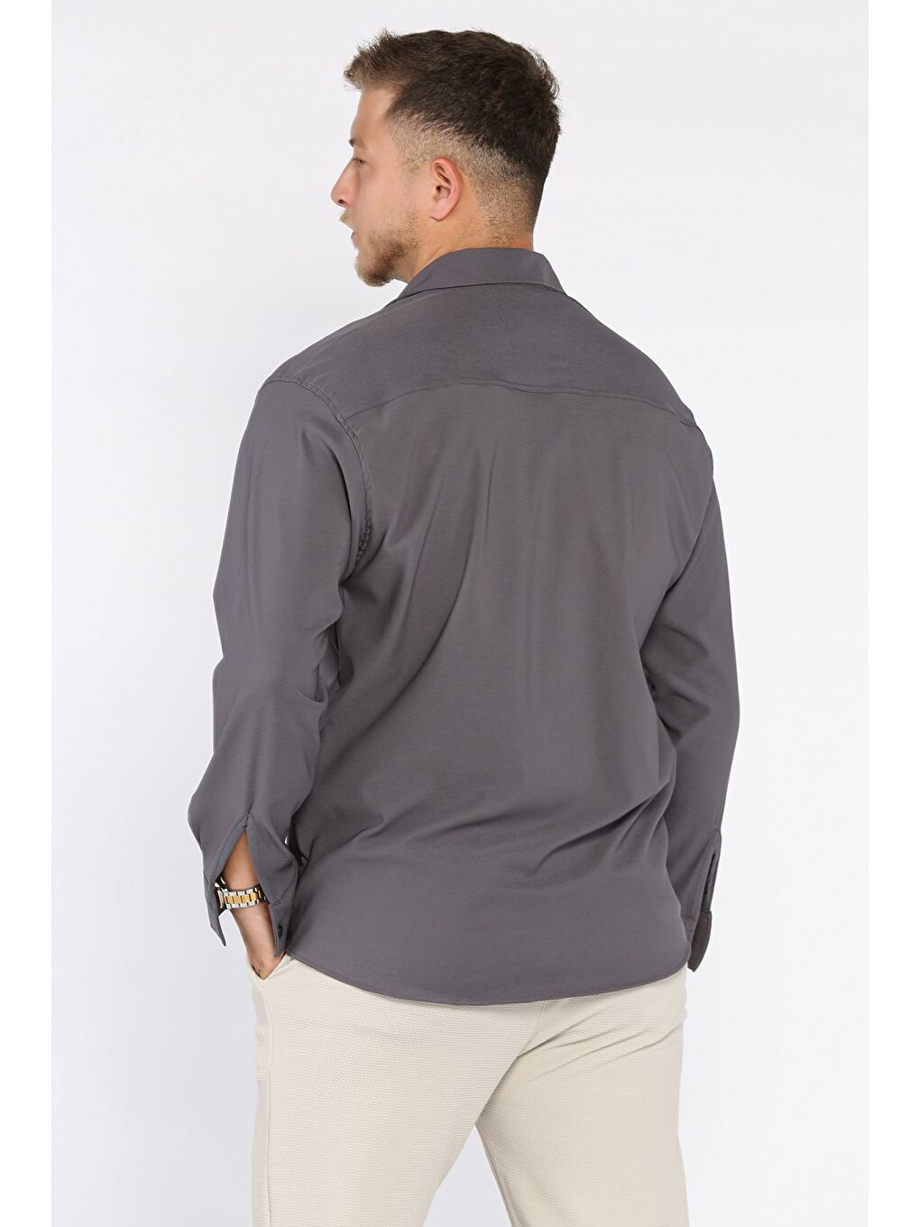 Gri Erkek Tek Cepli Uzun Kol Elastanlı Oversize Gömlek-2