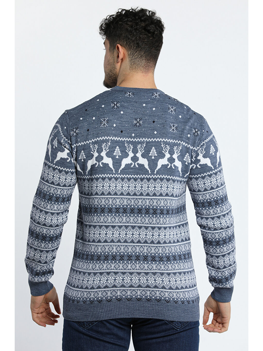 İndigo Erkek Bisiklet Yaka Geyik Desenli Sevgili Çift Kombini Triko Kazak( Tekli Ürün )-2