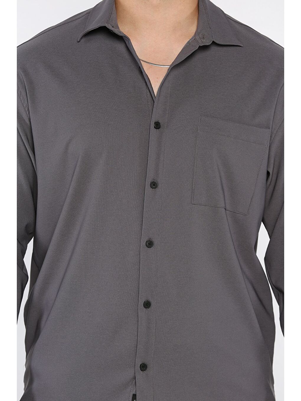 Gri Erkek Tek Cepli Uzun Kol Elastanlı Oversize Gömlek-3