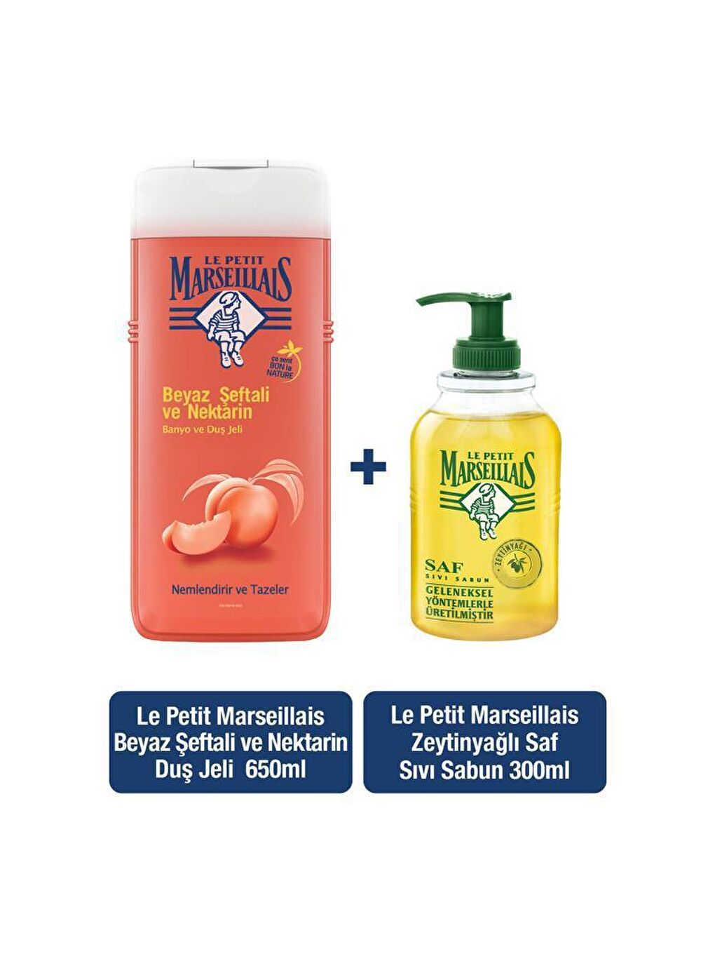 Le Petit Marseillais Renksiz Duş Jeli Beyaz Şeftali & Nektarin 650 ml + Zeytinyağı Sıvı Sabun 300 ml