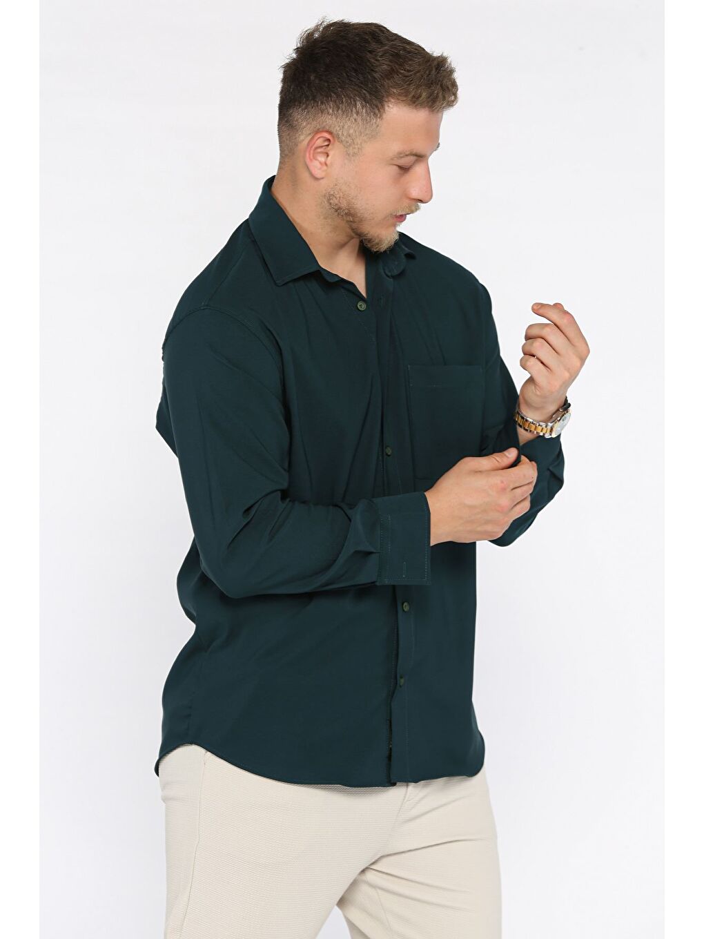 Yeşil Erkek Tek Cepli Uzun Kol Elastanlı Oversize Gömlek-1