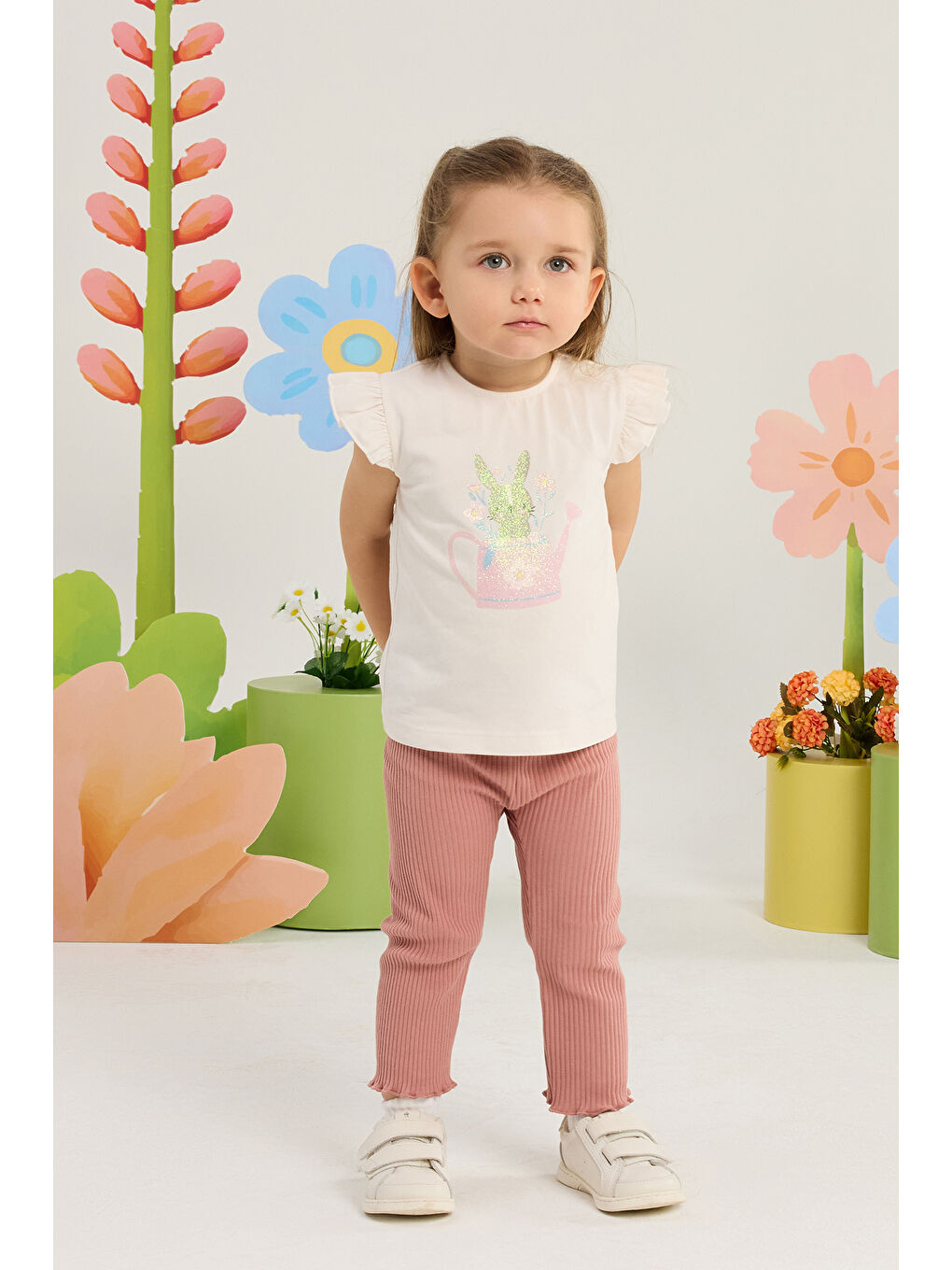 Bej Kız Bebek Tavşan Desenli Alt Üst Set 3 Ay-36 Ay Pudra