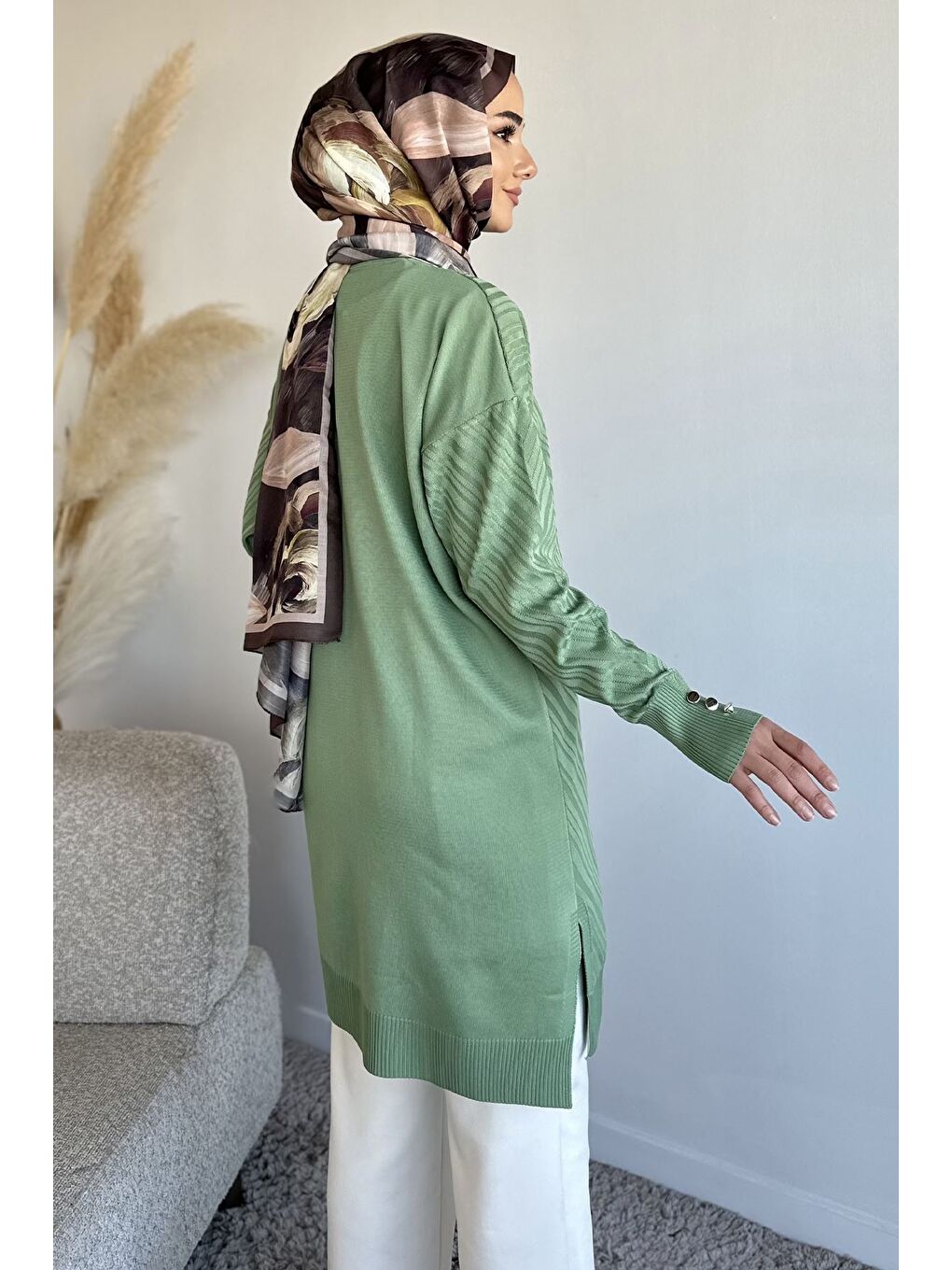Yeşil Desenli Ön Düğmeli Tesettür Triko Hırka (m-l-xl Uyumludur)-5