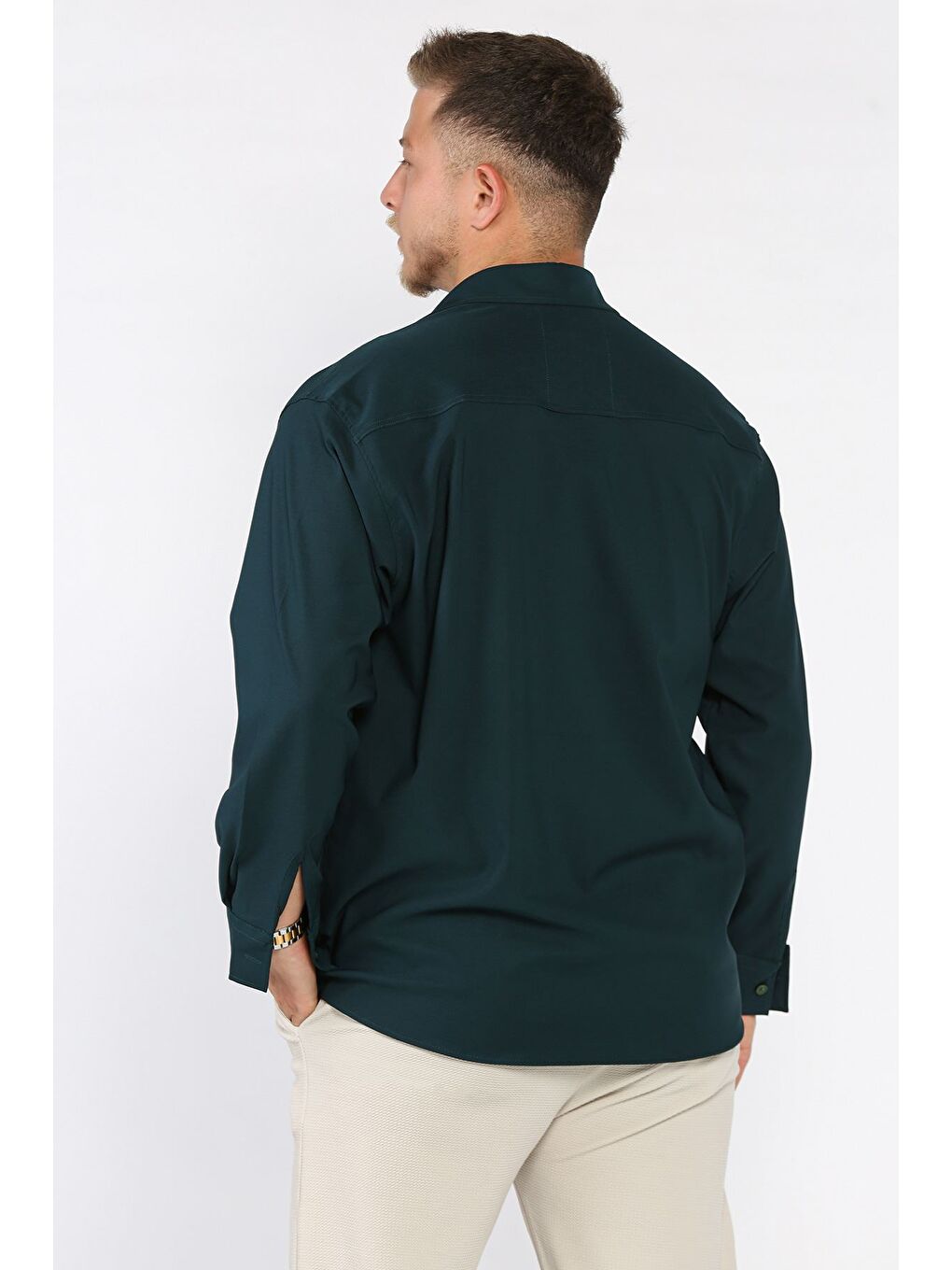 Yeşil Erkek Tek Cepli Uzun Kol Elastanlı Oversize Gömlek-3