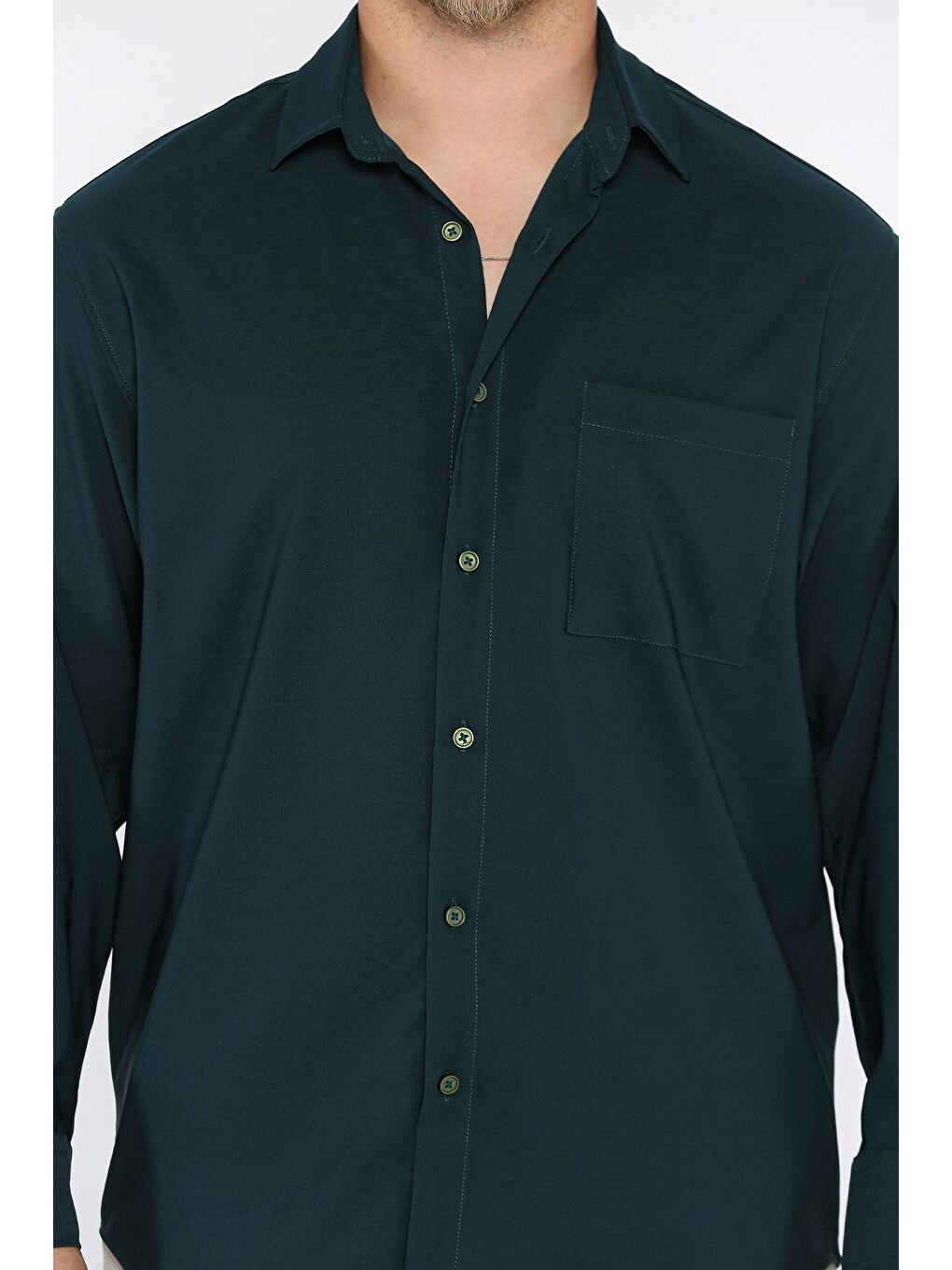 Yeşil Erkek Tek Cepli Uzun Kol Elastanlı Oversize Gömlek-4