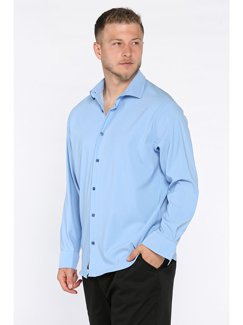 Mavi Erkek Uzun Kol Elastanlı Oversize Gömlek-1