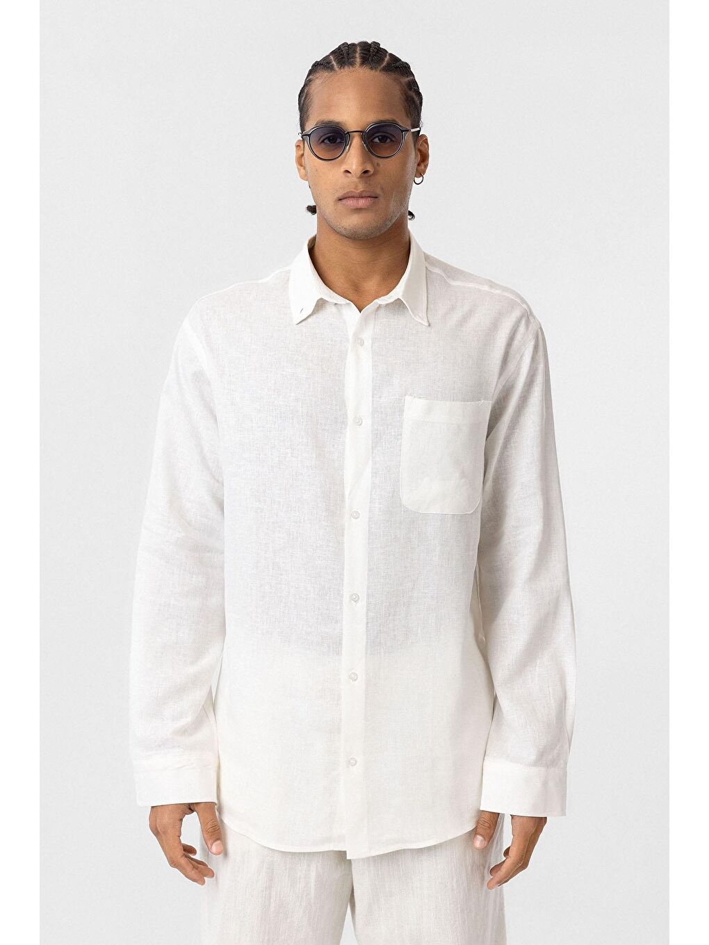 Cep Detaylı Oversize Uzun Kol Gömlek Ekru