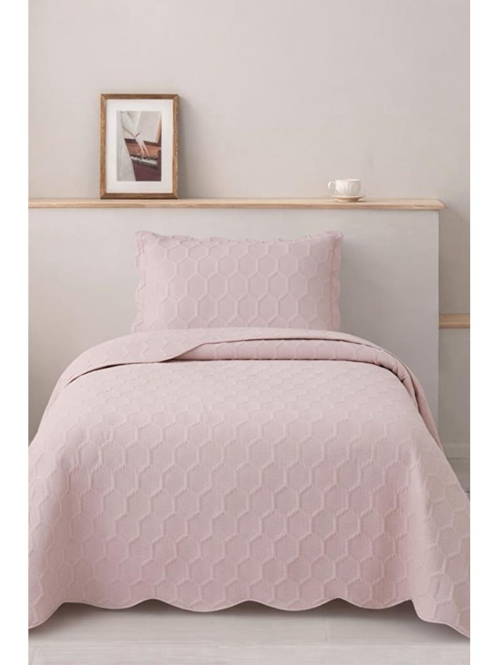 Pembe Cenevre Elyaf Dolgulu Tek Kişilik 180x240 Cm Yatak Örtüsü Pudra