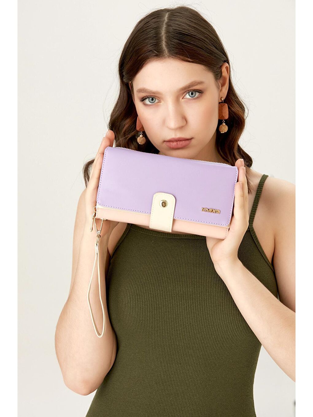 Lila Büyük Boy Renkli Kadın Cüzdan Ve El Çantası