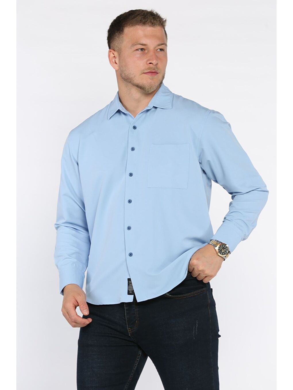 Mavi Erkek Tek Cepli Uzun Kol Elastanlı Oversize Gömlek