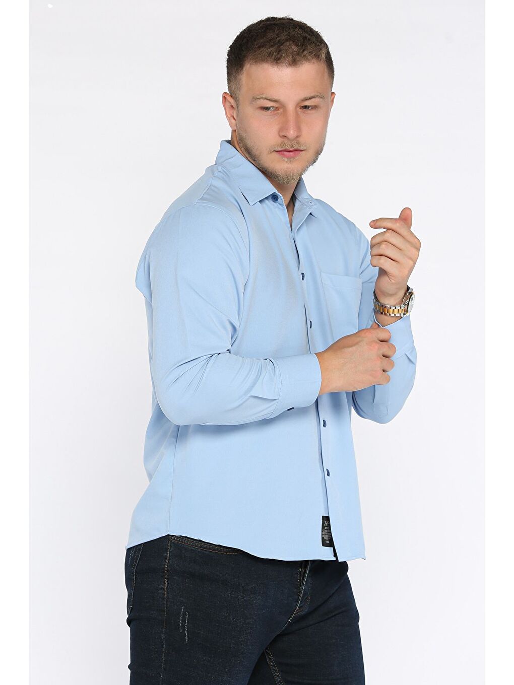 Mavi Erkek Tek Cepli Uzun Kol Elastanlı Oversize Gömlek-1