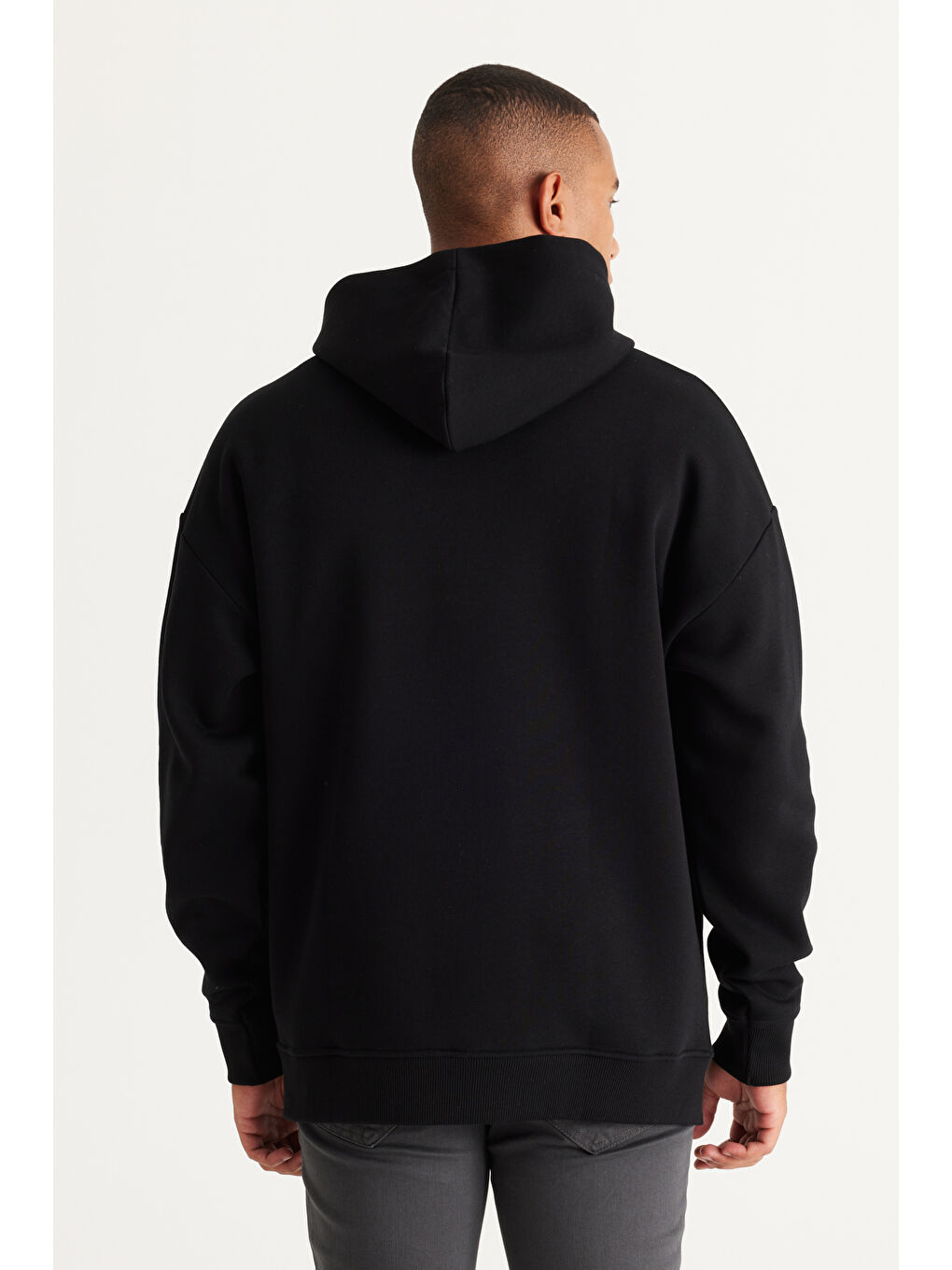 Erkek Siyah Oversize Fit Bol Kesim Kapüşonlu İçi Polarlı Baskılı Sweatshirt-4