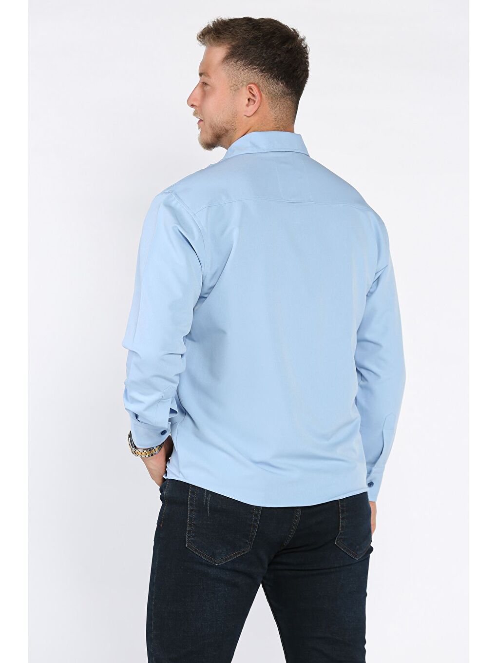 Mavi Erkek Tek Cepli Uzun Kol Elastanlı Oversize Gömlek-2