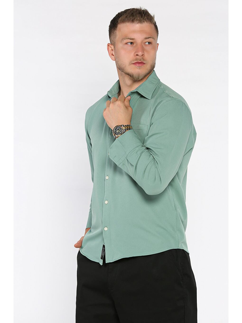 Yeşil Erkek Tek Cepli Uzun Kol Elastanlı Oversize Gömlek
