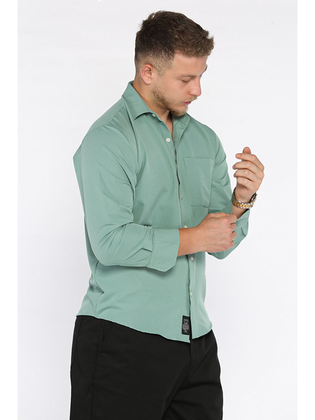 Yeşil Erkek Tek Cepli Uzun Kol Elastanlı Oversize Gömlek-1