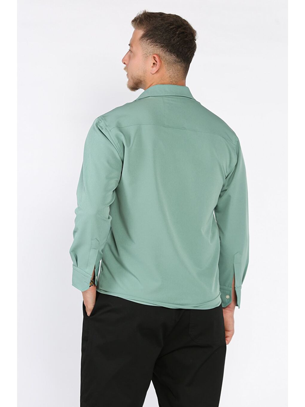 Yeşil Erkek Tek Cepli Uzun Kol Elastanlı Oversize Gömlek-2
