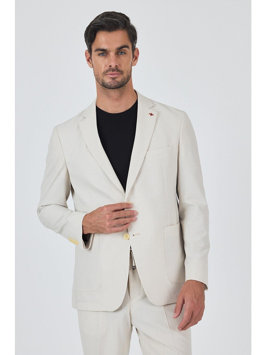 Açık Bej Gofreli Mono Yaka Esnek 6 Drop Slim Fit Classic Takım Elbise 1001250117-1