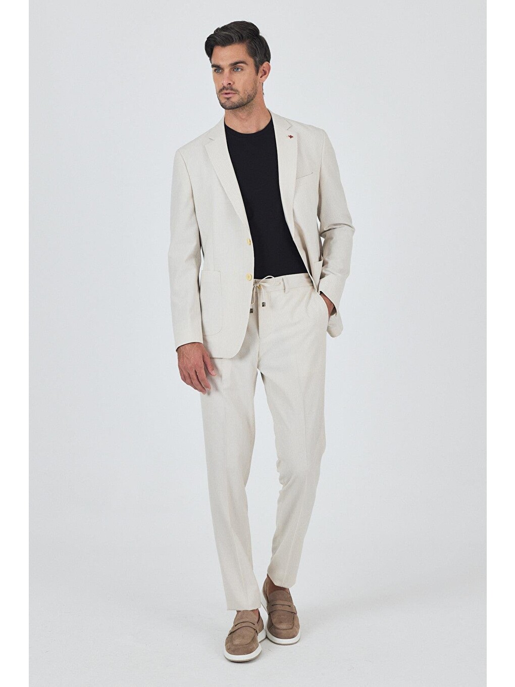 Açık Bej Gofreli Mono Yaka Esnek 6 Drop Slim Fit Classic Takım Elbise 1001250117-2
