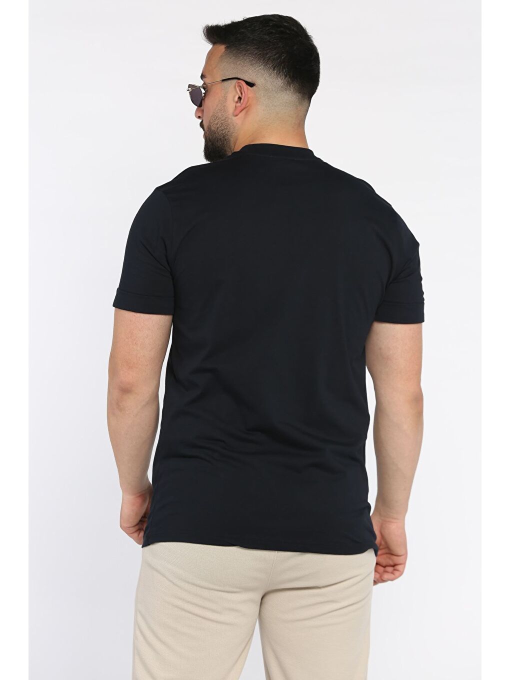 Lacivert Erkek Bisiklet Yaka Milk Baskılı Tişört-2