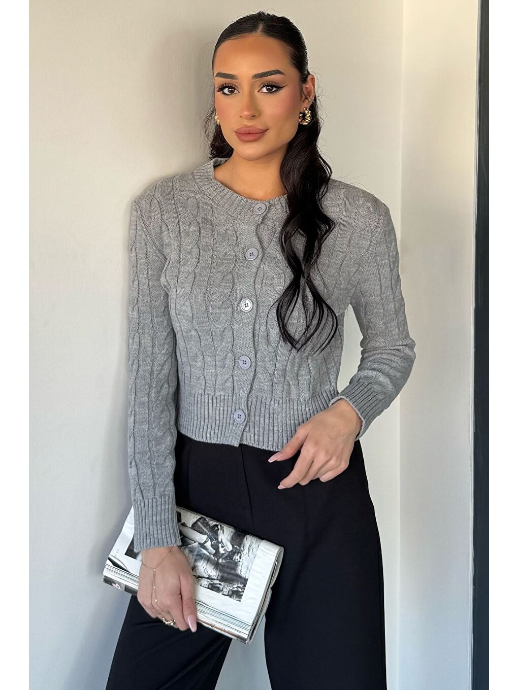 Gri Örgü Desenli Kadın Triko Hırka (s,m,l Uyumludur)-1