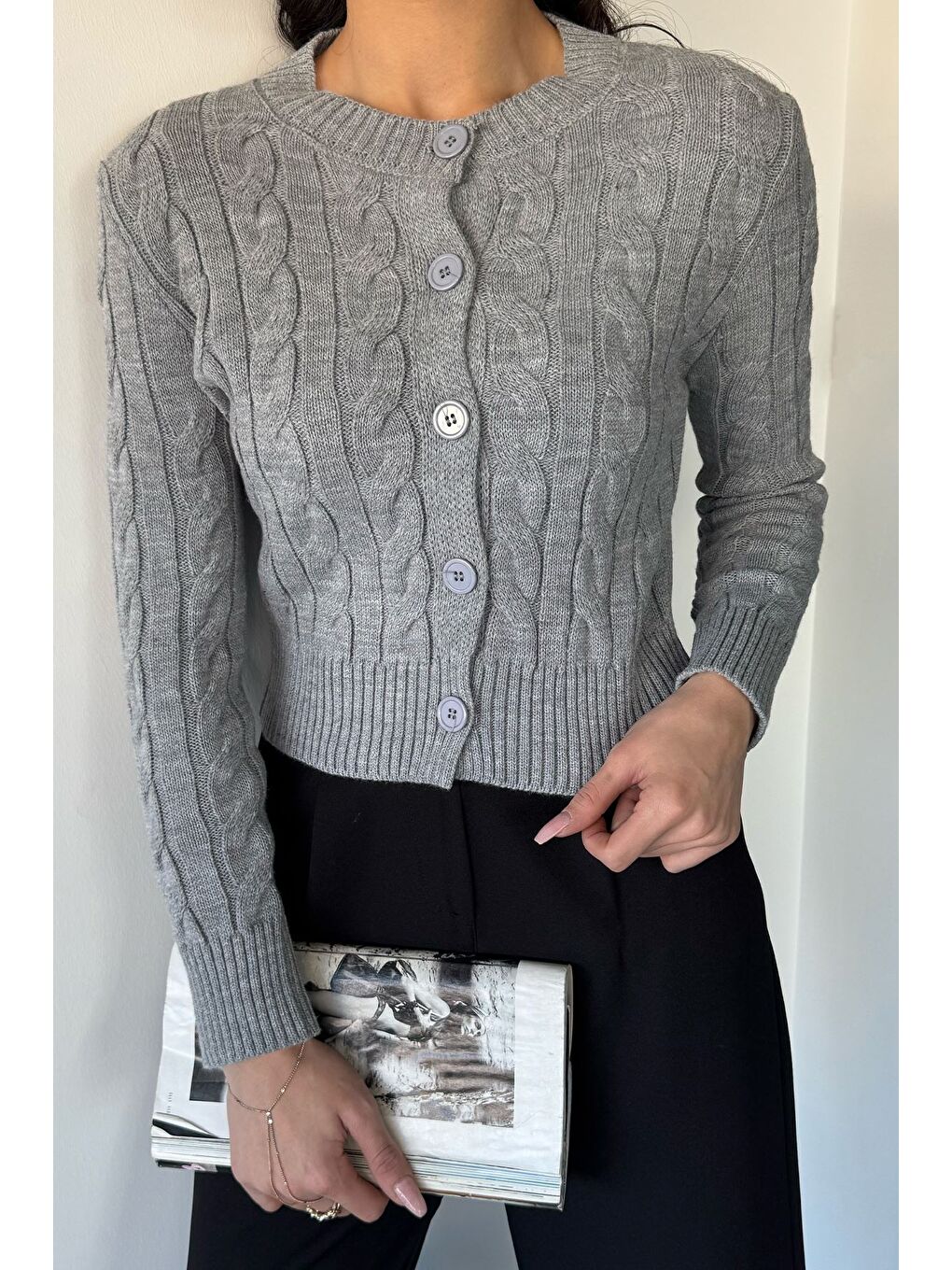 Gri Örgü Desenli Kadın Triko Hırka (s,m,l Uyumludur)-2