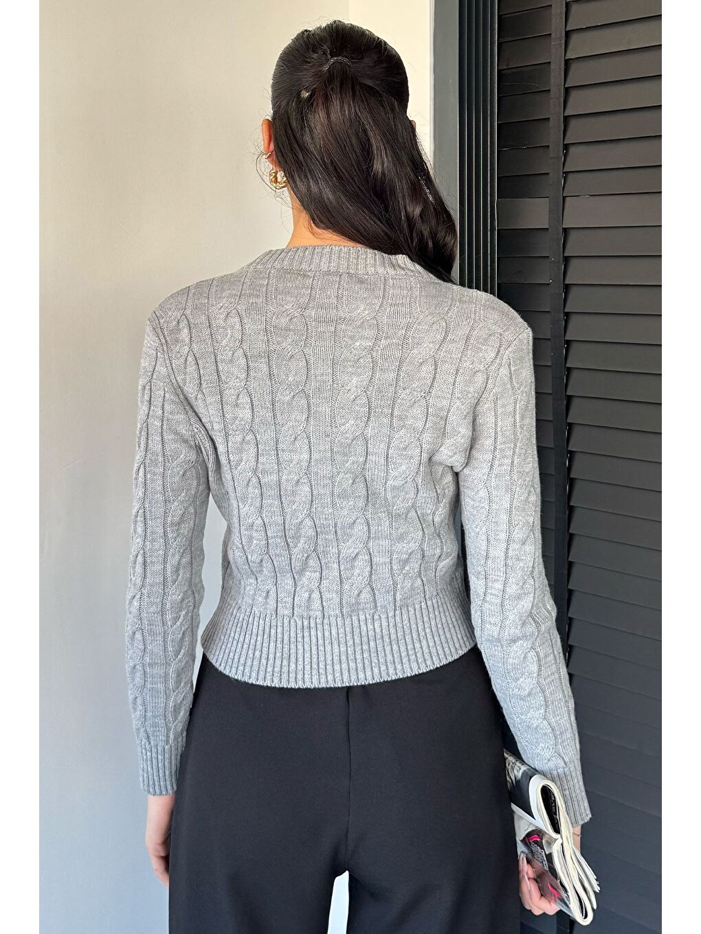 Gri Örgü Desenli Kadın Triko Hırka (s,m,l Uyumludur)-3