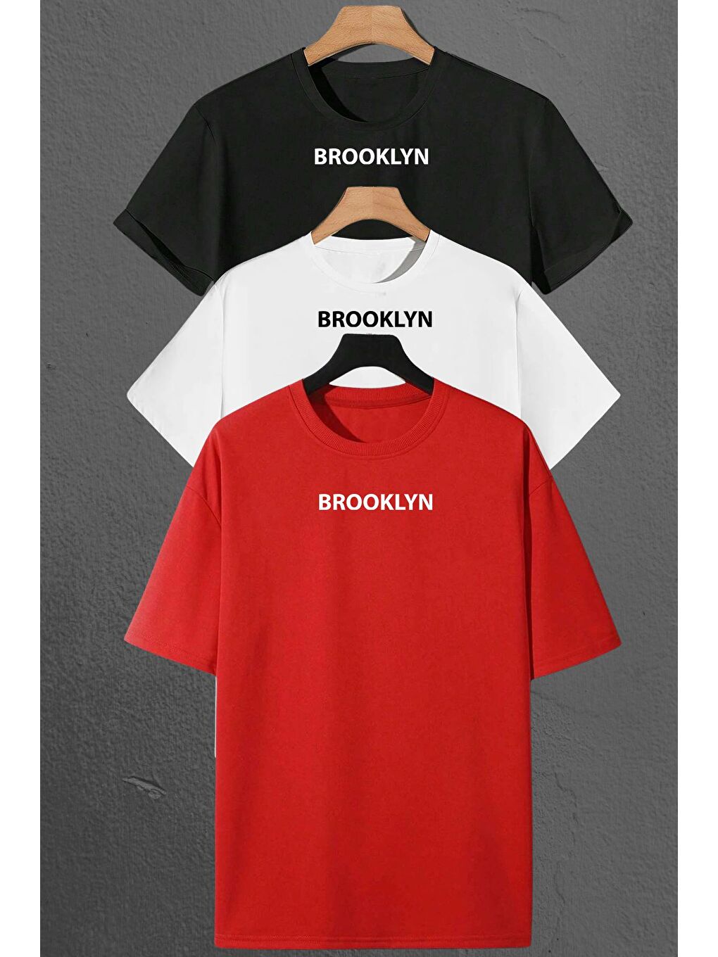 uyguntarz Kırmızı Brooklyn Baskılı Unisex Oversize 3'lü T-shirt Paketi