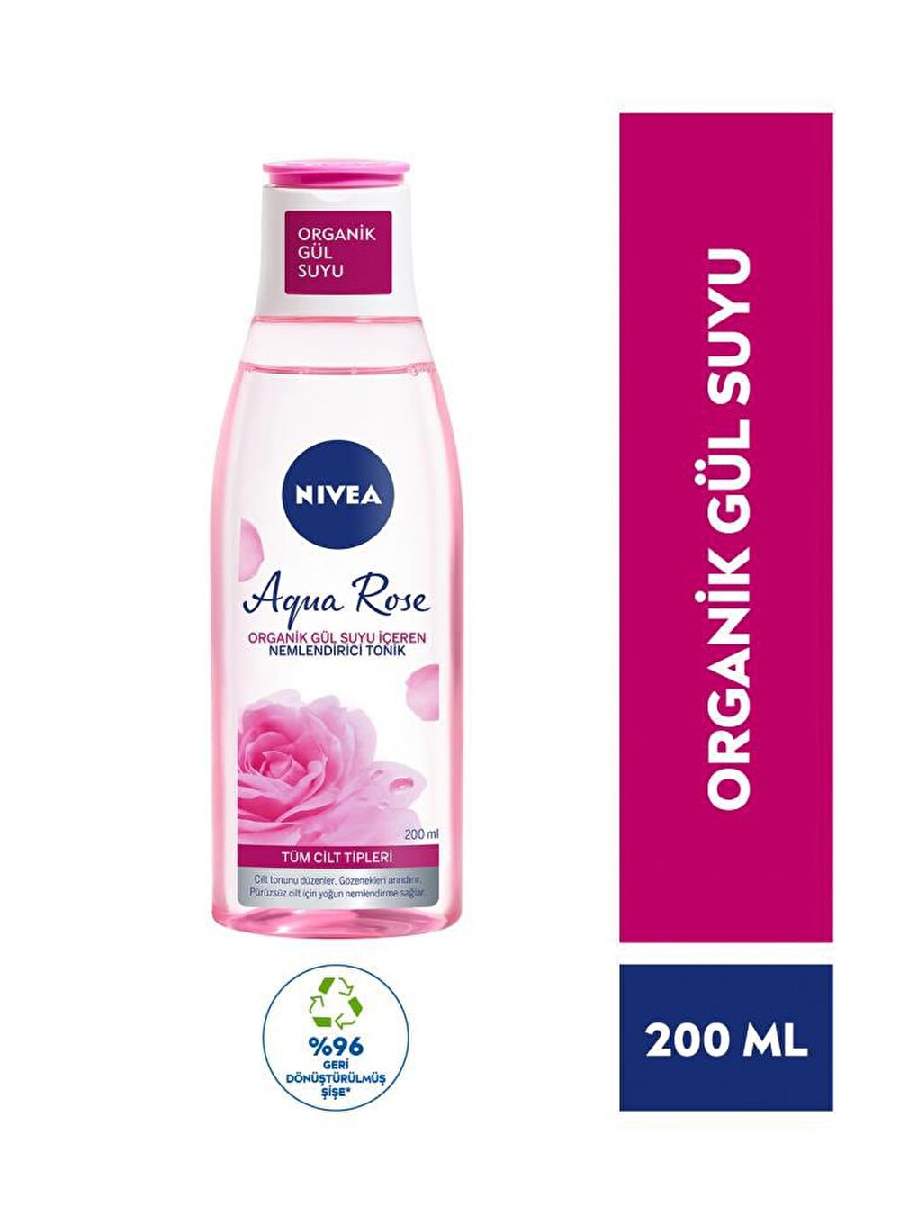 NIVEA Şeffaf Aqua Rose Organik Gül Suyu İçeren Nemlendirici Tonik 200 ml, Tüm Cilt , 24 Saat Yüz Ne mlendirici