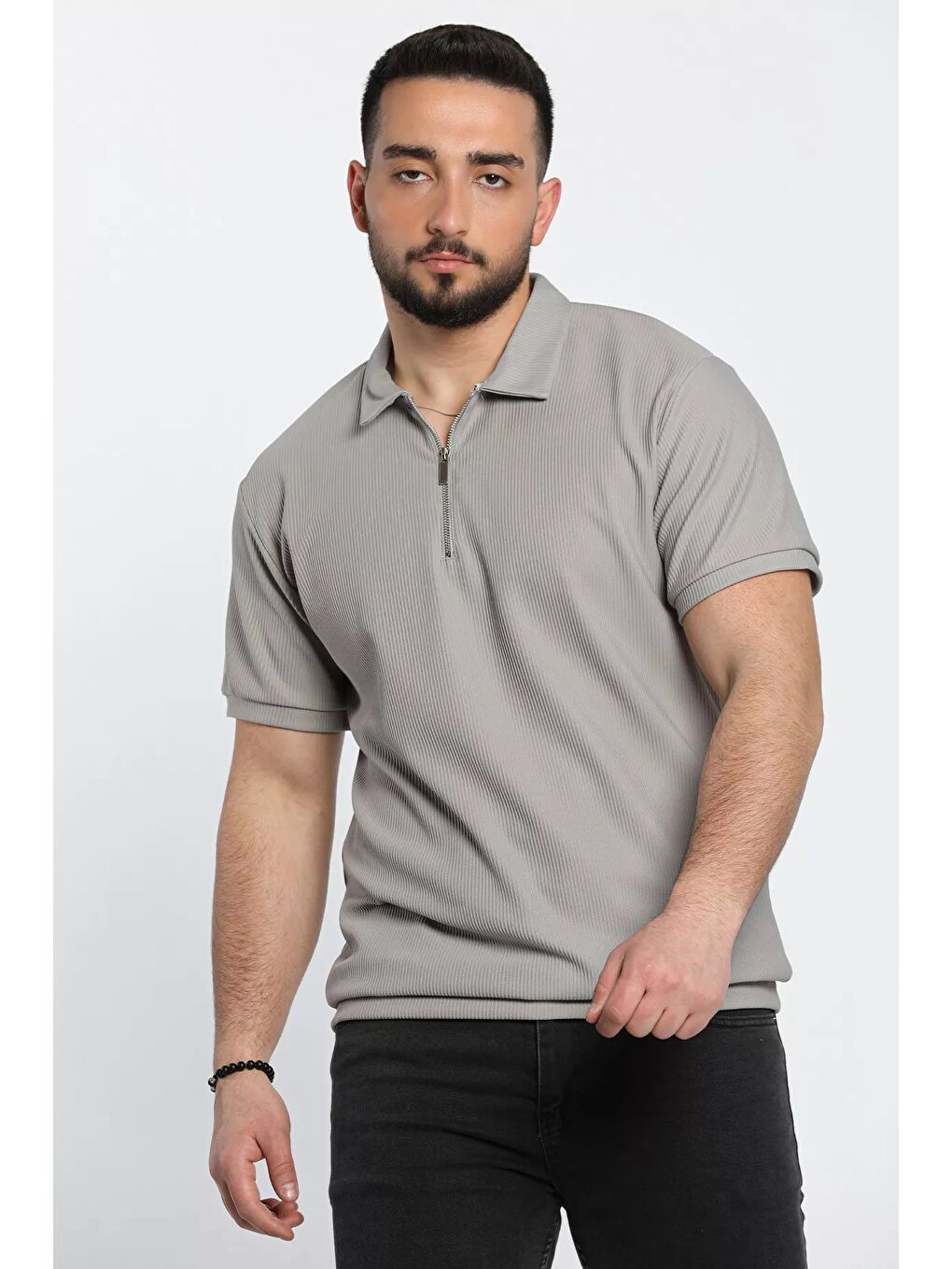 Gri Fermuarlı Polo Yaka Jakarlı Erkek Tişört